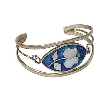 Alpaca Mexico Silver Abalone Pink Flower Cuff Split Bar Bracelet Opal Gift Boho